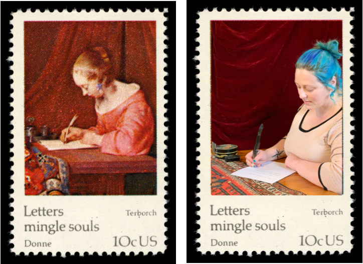 Two similar postage stamps side by side. Left stamp depicts painting of woman sitting at desk writing. Right stamp depicts photograph of woman sitting at desk writing.