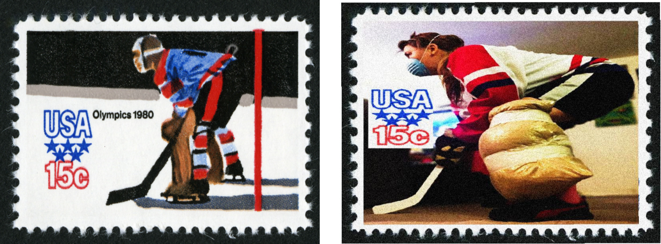 Two similar postage stamps side by side. Left stamp depicts illustration of hockey goalie in uniform crouched in defensive stance. Right stamp depicts photograph of person in makeshift hockey uniform crouched in defensive stance.