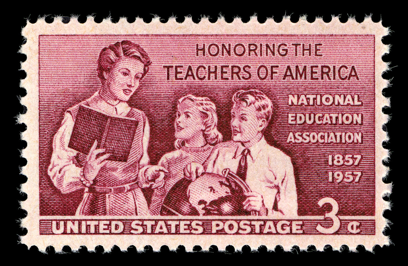 Postage stamp with image of adult woman holding book and pointing at globe. A young boy and young girl are listening to her.