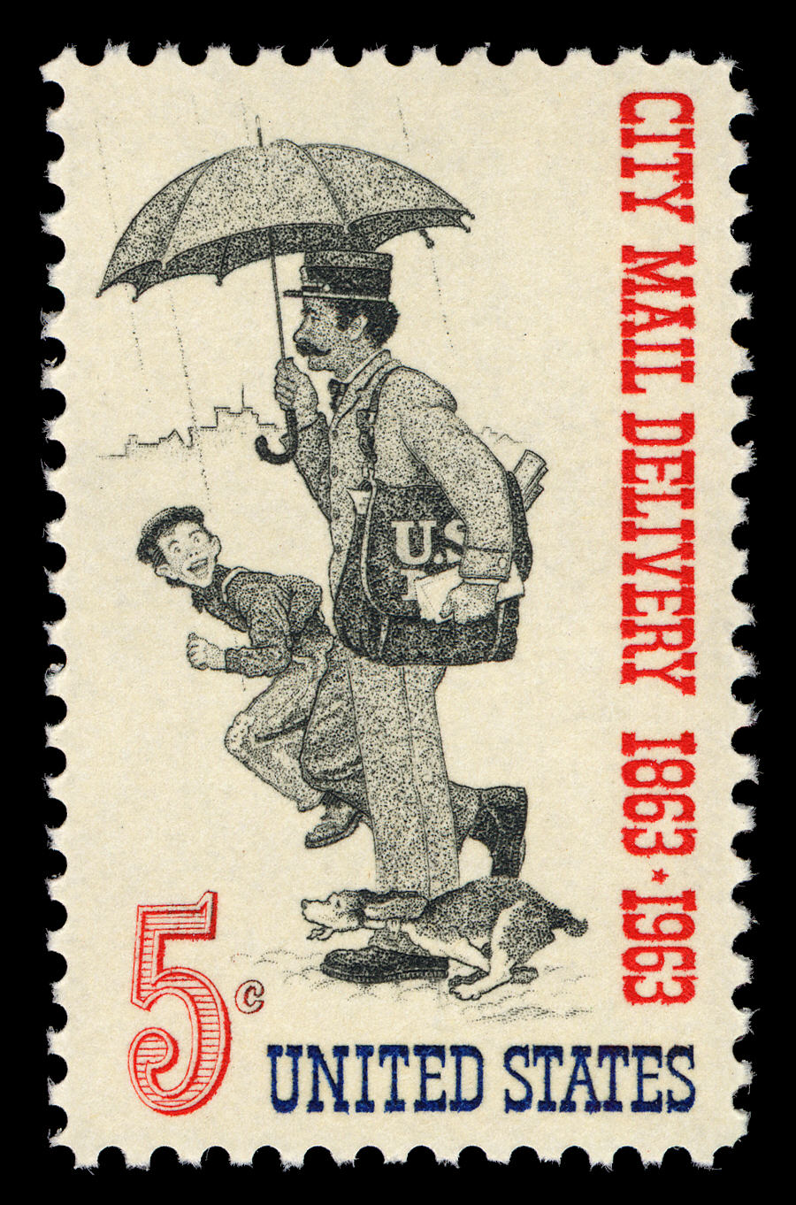 Postage stamp with illustration of mail carrier holding an umbrella and bag of mail. A young boy and a small dog run alongside him. It is raining.