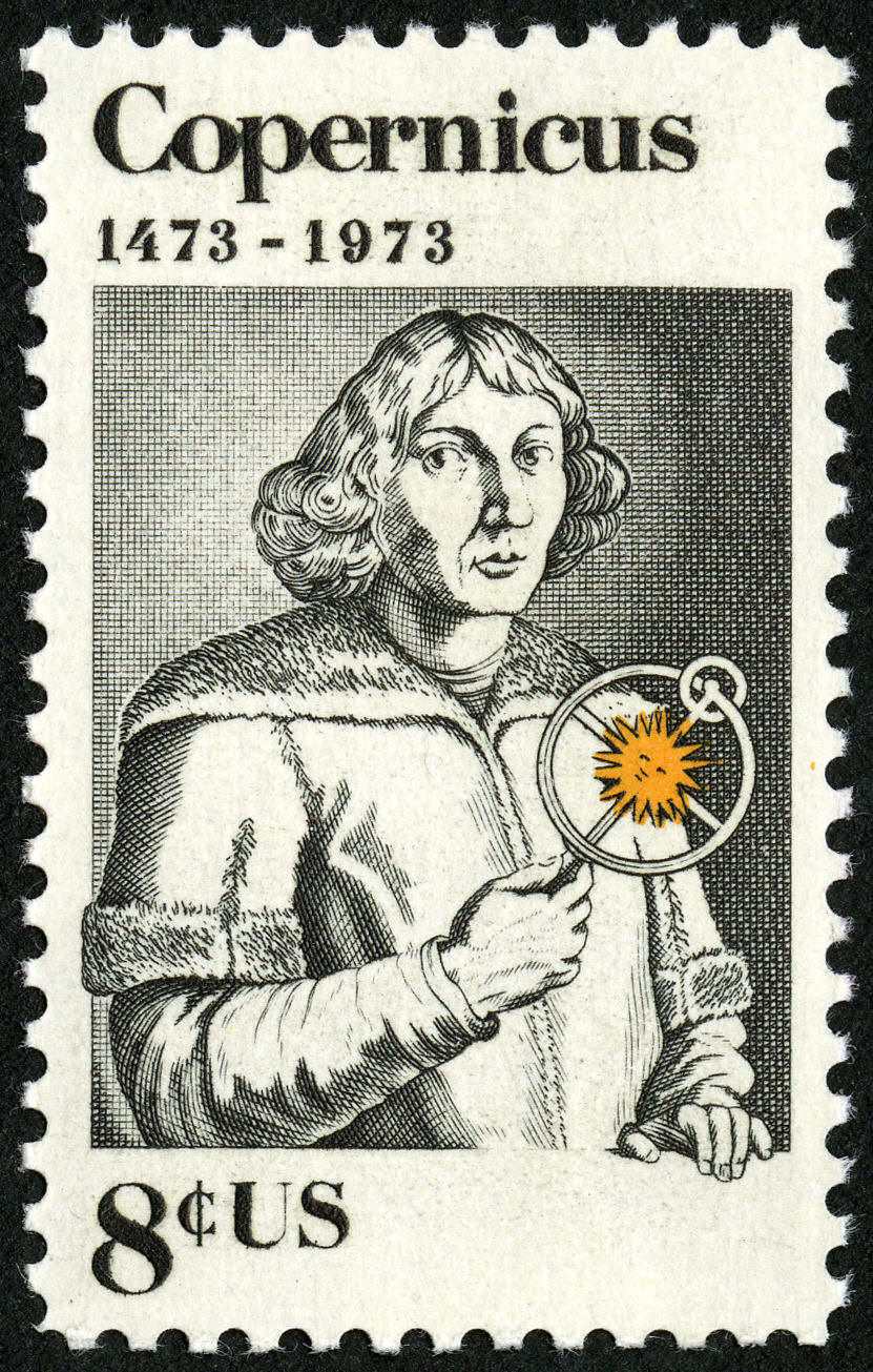 Postage stamp with drawing of man holding device demonstrating heliocentric astronomical model. 