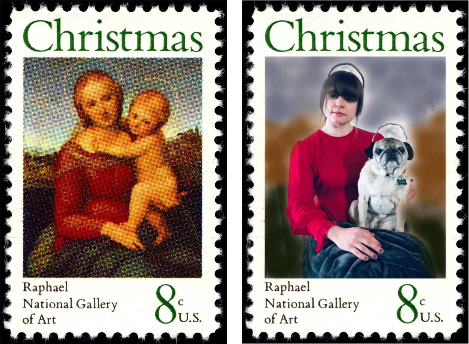 Two similar postage stamps side by side. Left stamp depicts painting of woman with halo holding baby with halo. Right stamp depicts photograph of woman with halo holding dog with halo.