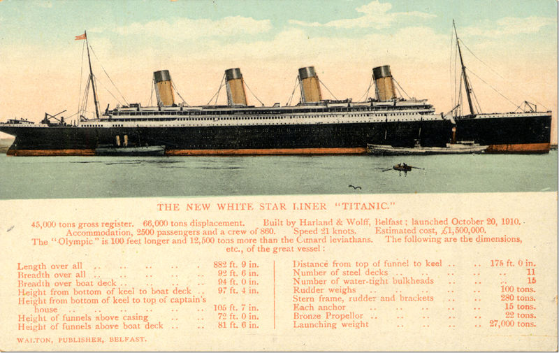 Postcard showing the Titanic and statistics