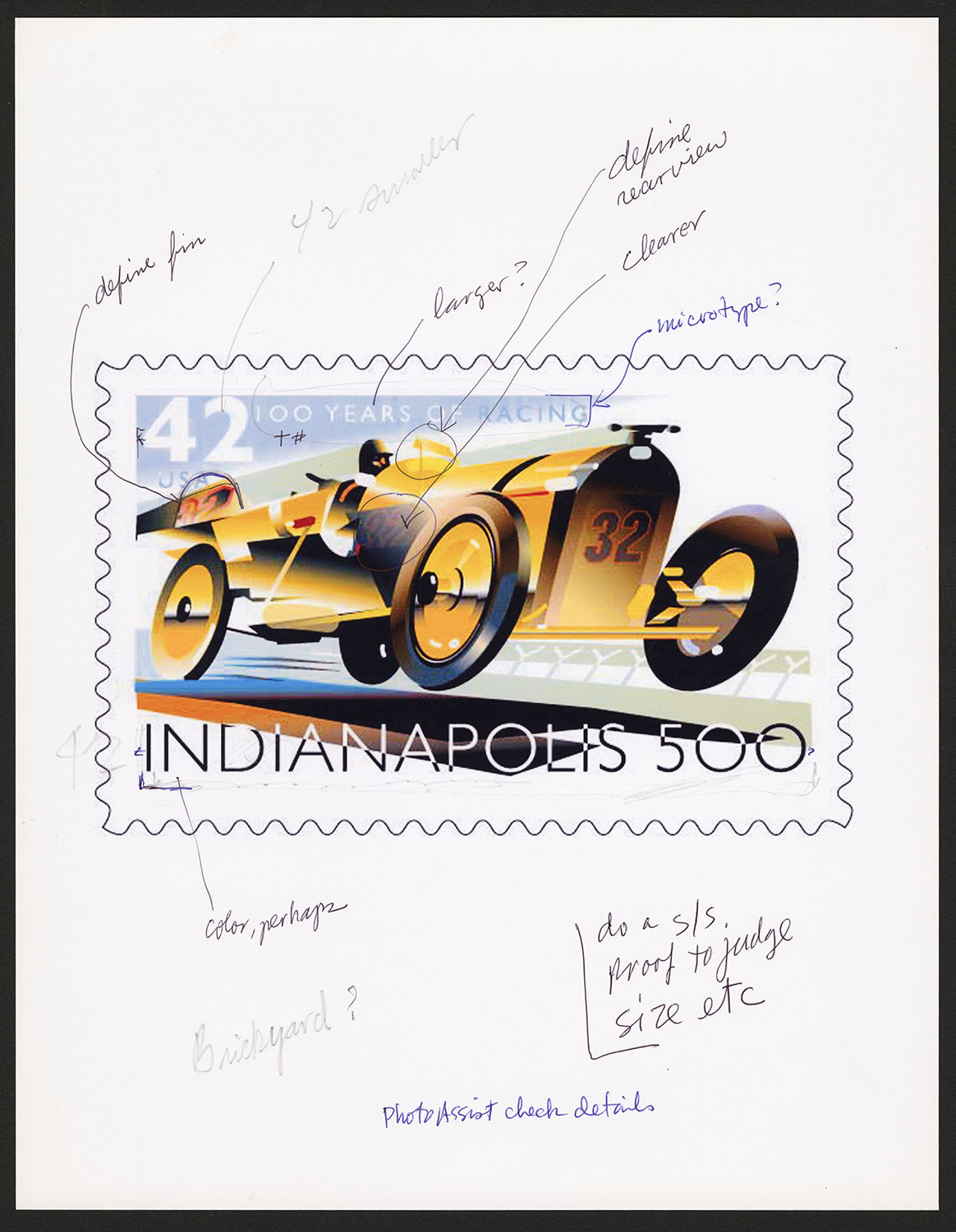Design drawing with notations of the Indianapolis 500 stamp featuring a vintage race car