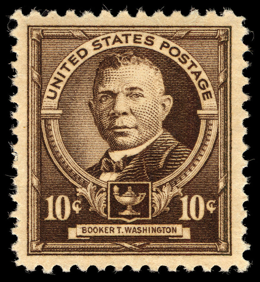 Brown and white postage stamp with portrait of Booker T. Washington 