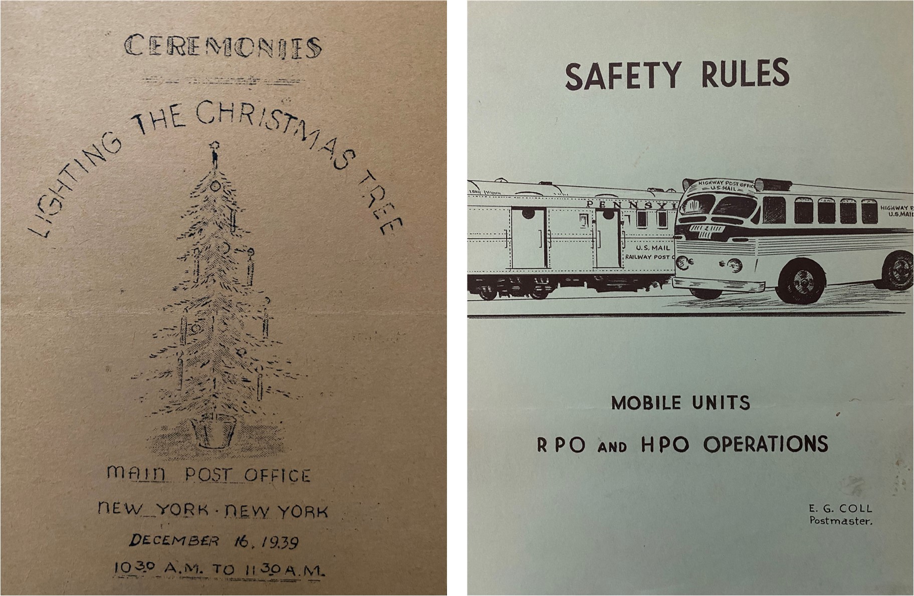 Left: brown paper pamphlet advertising Christmas tree lighting ceremony and drawing of Christmas tree printed in black ink Right: Off white with blue tint paper pamphlet with “Safety Rules” and drawings of a bus and train printed in black ink