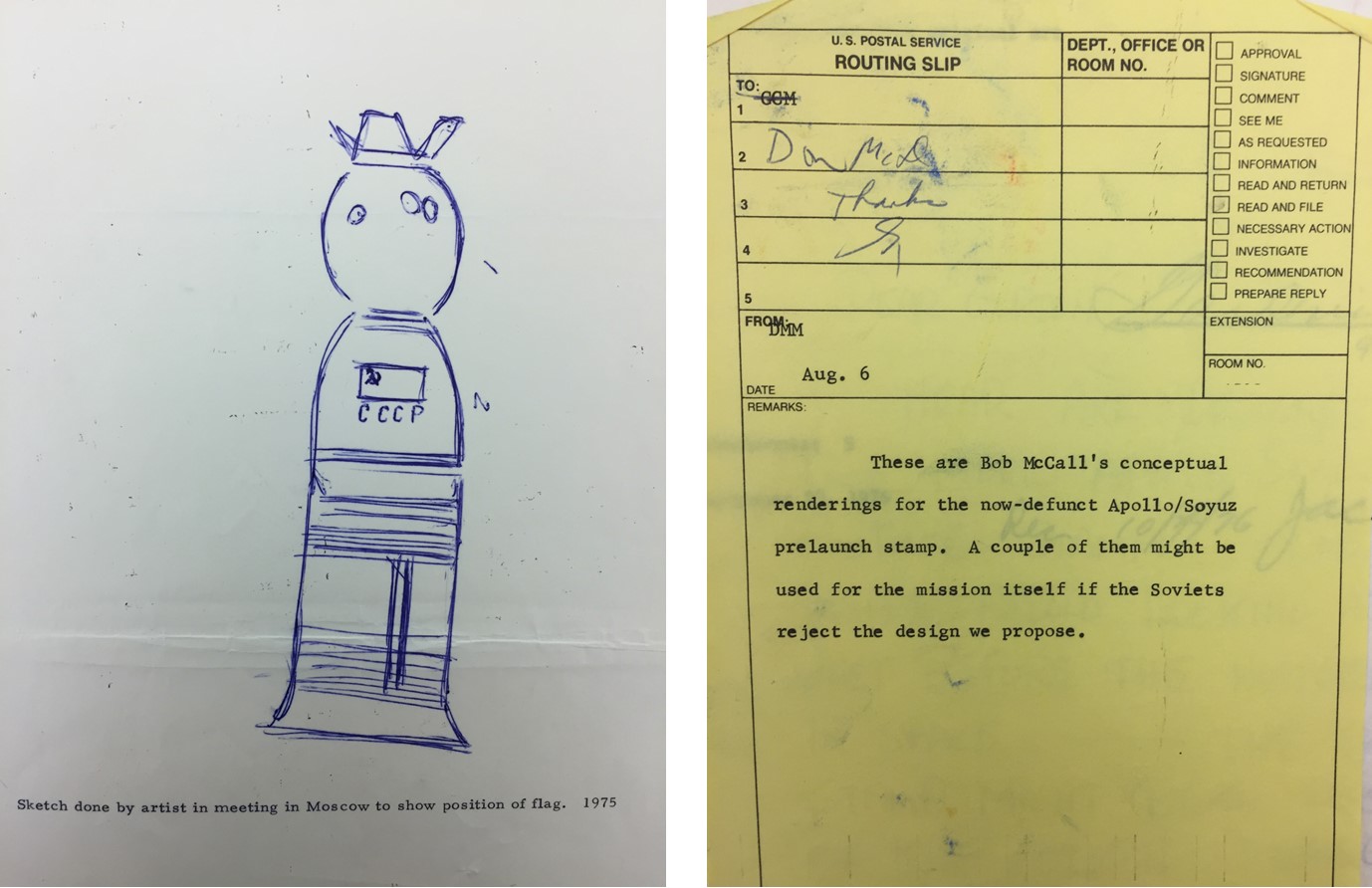 Left: white piece of paper with crude drawing of rocket in blue ink Right: yellow routing slip with printed message describing “conceptual renderings” of rocket 
