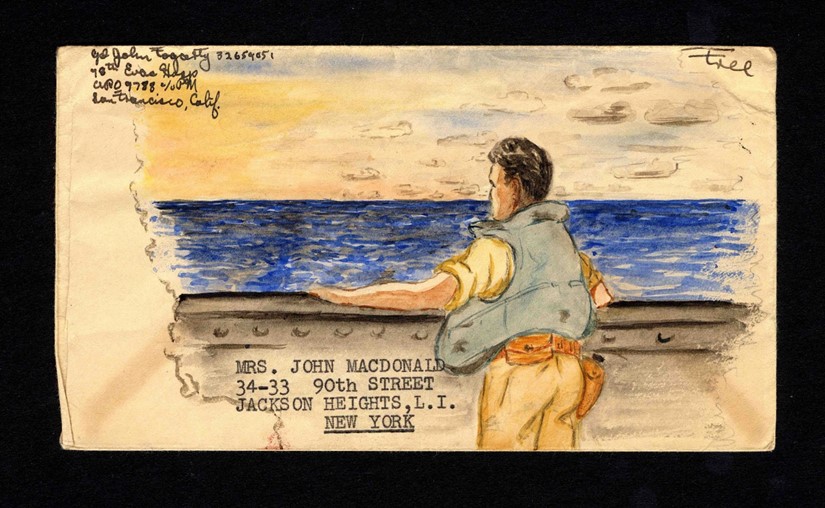 Image of paper envelope faded to a shade of tan and adorned with an illustration of a man in a lifejacket standing with his back to us gazing out at a sea of blue water. Typed recipient address and handwritten return address.
