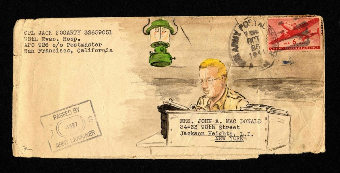 Image of paper envelope faded to a shade of tan and adorned with an illustration of a man facing us seated at a desk appearing to use a typewriting. Typed recipient address and handwritten return address. 
