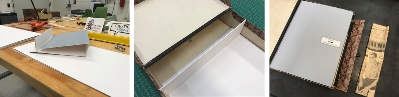 (Left): Image of book-storage cover folded up and resting on long table in museum conservation lab; (Center): Photograph of book-storage cover opened and resting on green mat’ (Right): Photograph of album/book within book cover/box