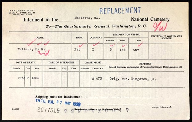 War Department interment certificate printed on a cream-colored card, dated 1939