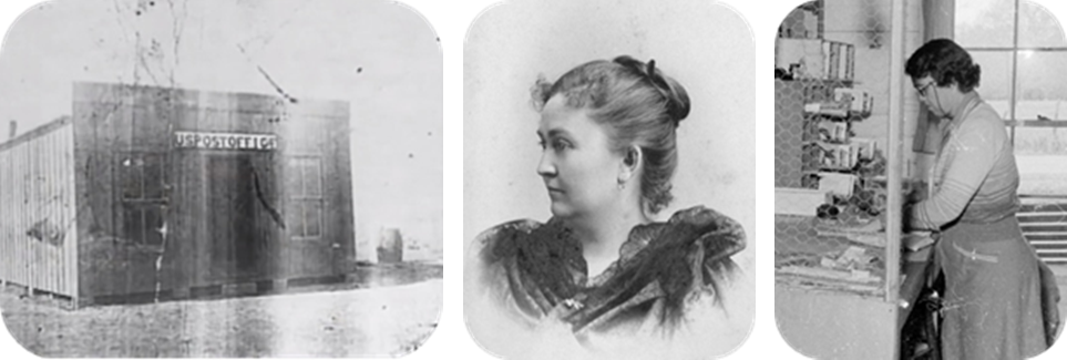 Three images in a row.  Left image: Black and white photo of a post office  Center image: Black and white photograph of middle aged woman with a hair bun looking to the side  Right image: Black and white photograph of woman standing at work over office counter