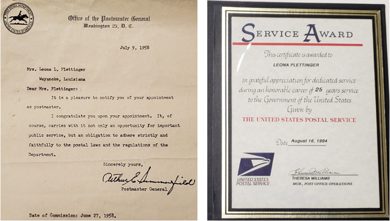 Two images in row: (Left image) Typewritten letter on faded white paper to Leona Plettinger from postmaster general; (right image): USPS certificate of service from 1994 for Leona Plettinger