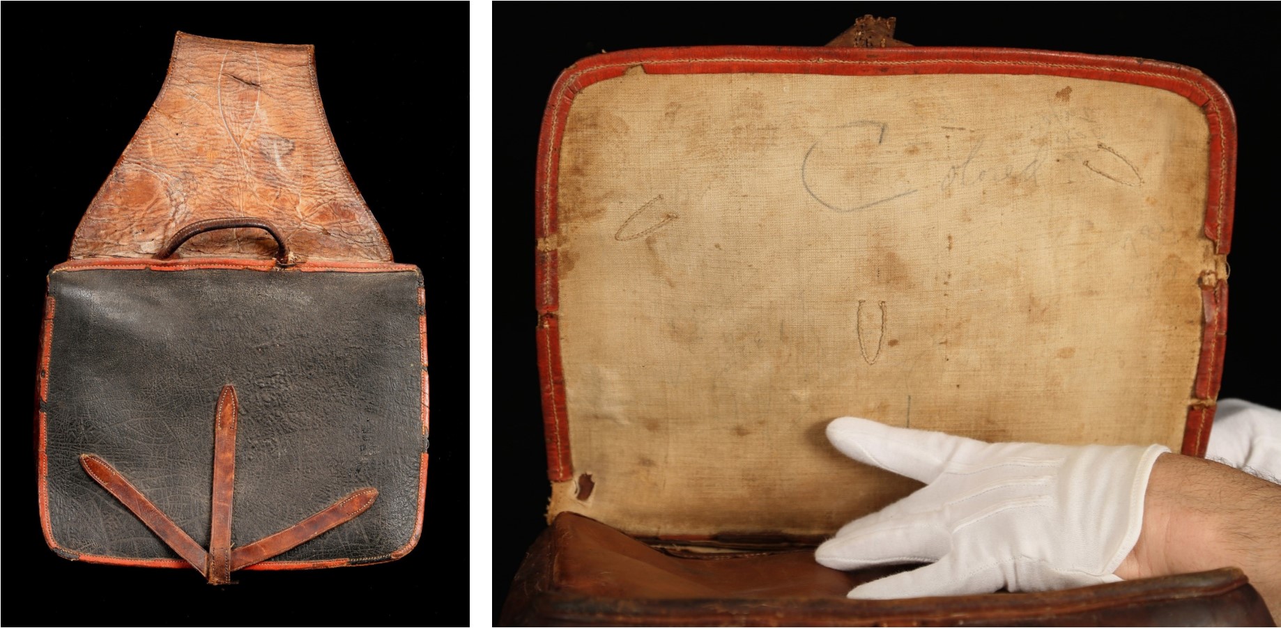 Two images: (left) photograph of worn black leather bag with brown handle and embellishments; right image is photograph of a gloved hand holding the bag open, where the word “Colored” is handwritten on the flap.