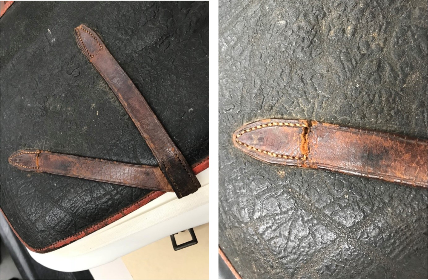 Two images: (left) photograph of worn black leather bag with two worn brown straps; (right) close up photograph of a damaged strap with the end almost ripped off.