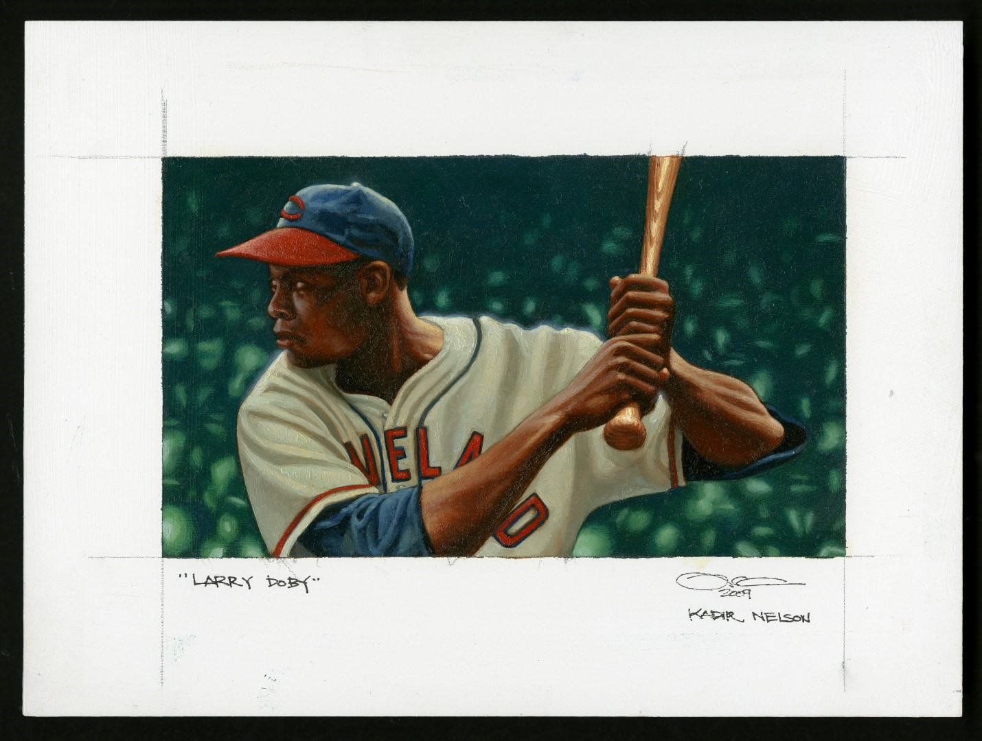 A close-up painting of baseball player Larry Doby’s upper body in a baseball uniform. He grips a baseball bat and stares determinedly forward in anticipation of a pitch. An abstract depiction of a stadium crowd in green hues is visible in the background.