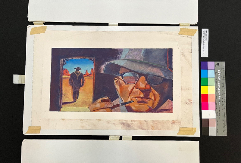 pastel painting of a man wearing a hat and sunglasses, and holding a pipe