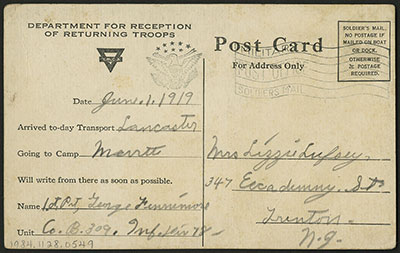 World War I safe return postcard showing recipient's address