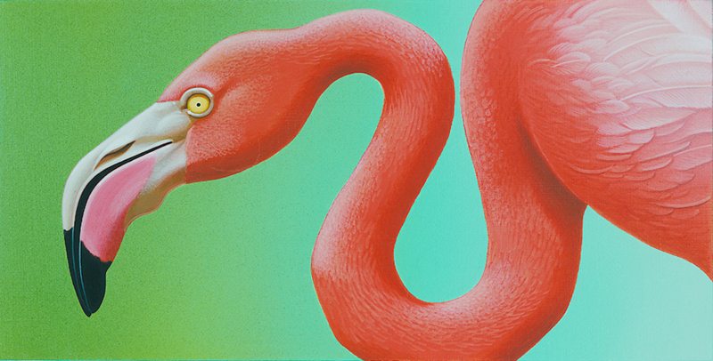 painting of the head and neck of a pink flamingo