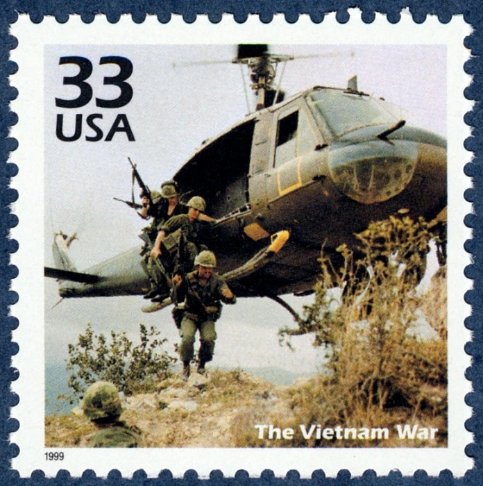 33c Vietnam War stamp with a soldier and helicopter