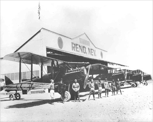 Contract airmail pilots and planes outside the Elko, Nevada hanger