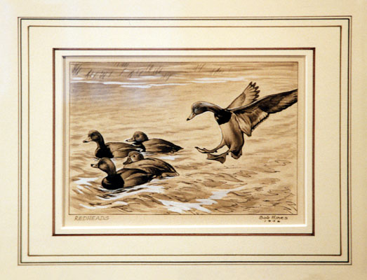 painting of four ducks on the water and one flying into frame