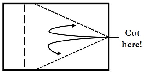 A horizontal piece of paper with a dotted line running vertically down the paper, ¼ of the way from the left; and two more dotted lines running diagonally down from the right side of the paper, creating a triangle.