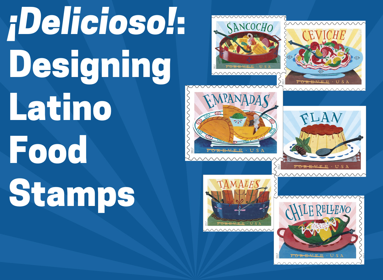Image of six postage stamps, each showing a different Latino food