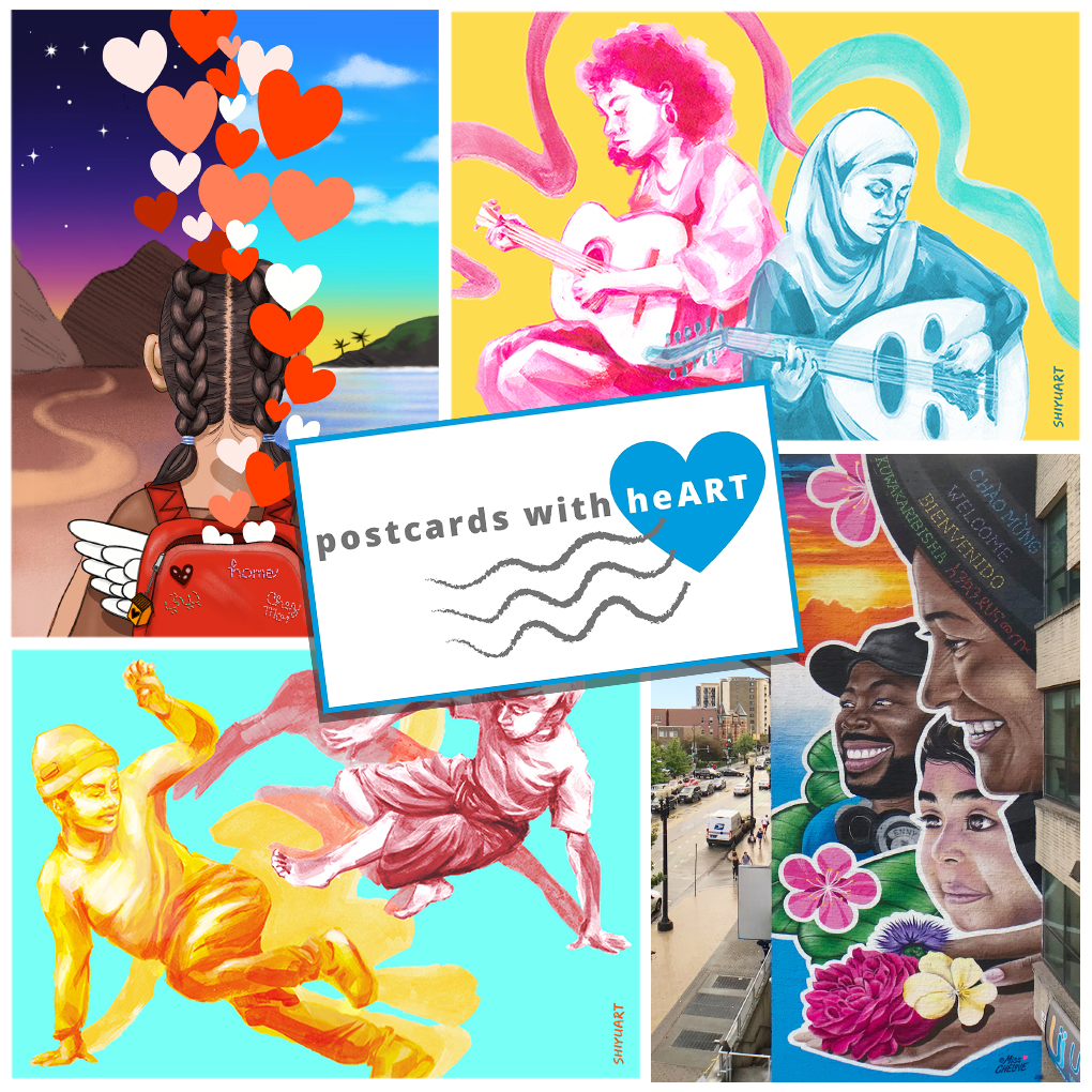 Artwork of four postcards, including a girl hiking and wearing a backpack, two women playing stringed instruments, two young men dancing, and a mural of three smiling faces on a building overlooking a street