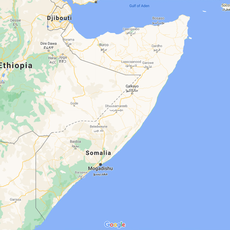Map of Somalia showing major cities as well as parts of surrounding countries.