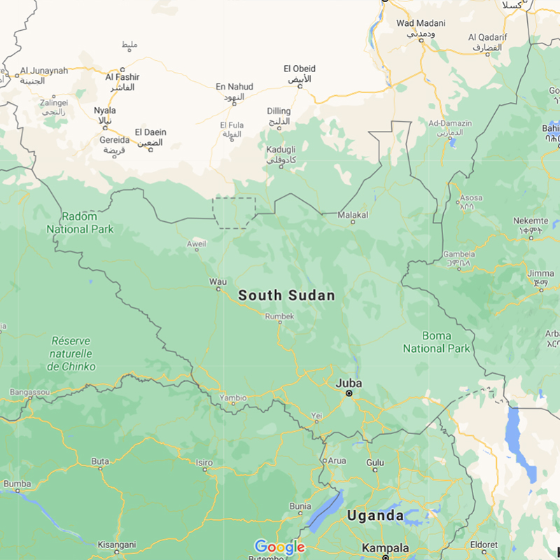 Map of South Sudan showing major cities as well as parts of surrounding countries.