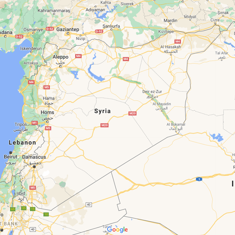 Map of Syria showing major cities as well as parts of surrounding countries.