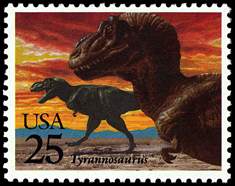 25 cent Tyrannosaurus Rex stamp featuring two Tyrannosaurus Rexes, one close up and one distant, in front of a cloudy sunset