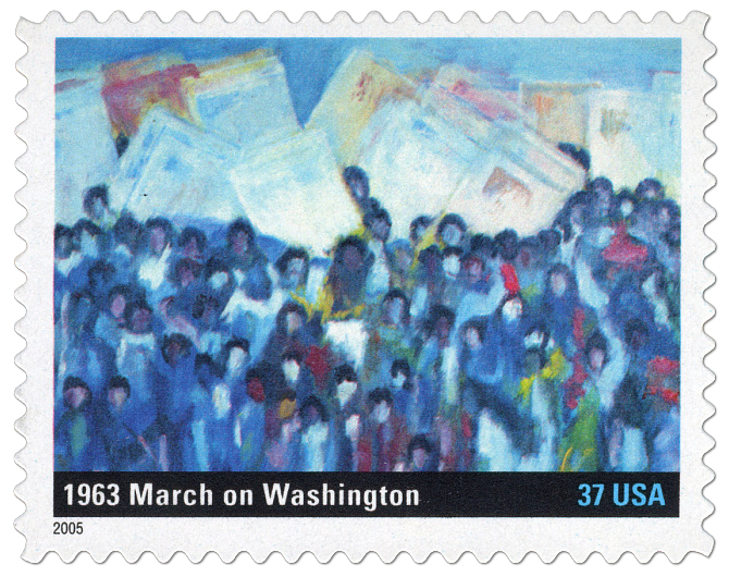 1963 March on Washington 37c cent postage stamp with painting of a crowd holding signs