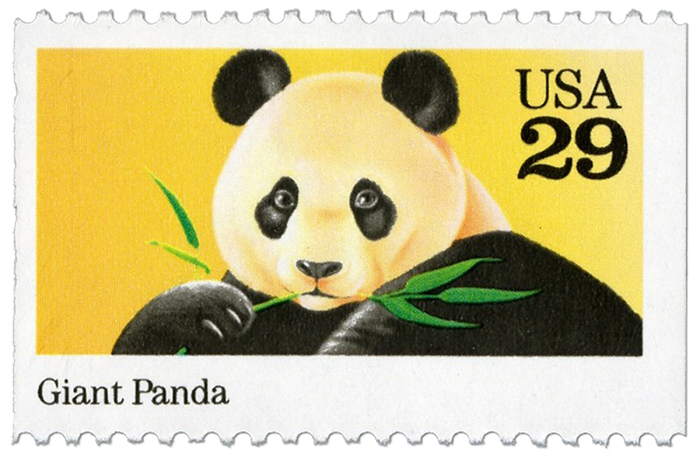 Giant Panda stamp featuring an illustration of a panda chewing on a branch