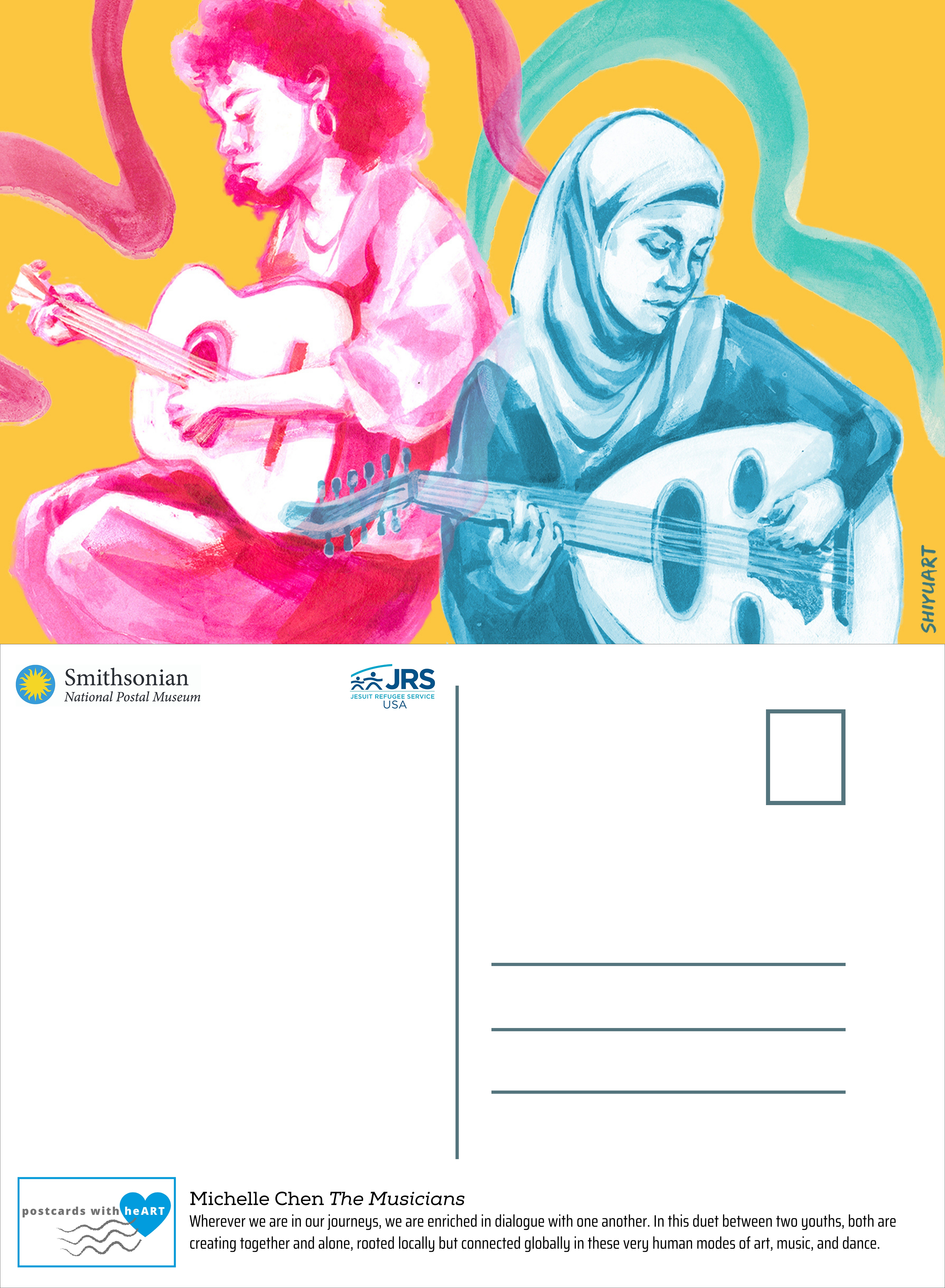 Front and back of The Musicians postcard depicting two women playing string instruments