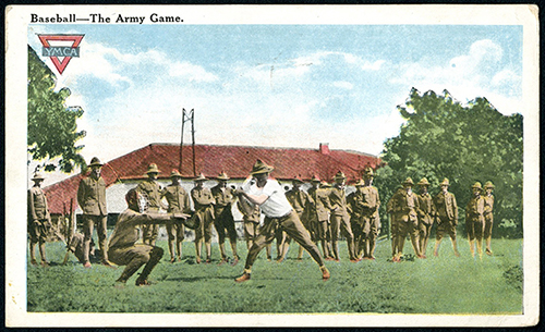 YMCA postcard with an illustration of Servicemen playing baseball