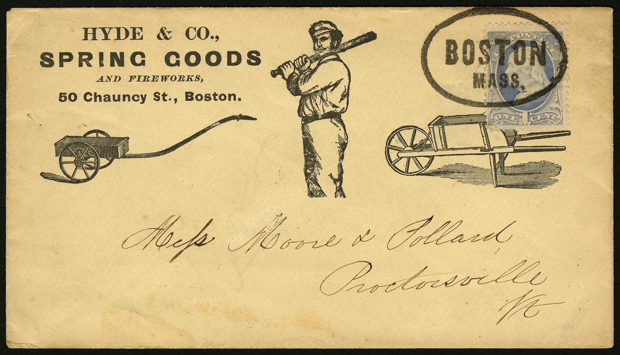 Baseball equipment illustrated advertising cover with BOSTON/ MASS. oval cancel, addressed to Mess. Moore and Pollard Proctorsville, Vermont; images of a two-wheeled cart, baseball player standing with left shoulder in front, and one-wheeled cart