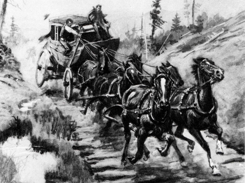 Illustration of a stagecoach pulled by six horses
