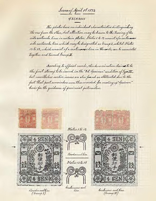Album 8 Introductory Page page showing design of Japanese stamp of April 1st, 1873, 4 Sen Rose, plate 2