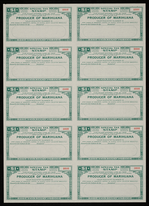 $1 Special Tax Stamp: Producer of Marihuana sheet of 10