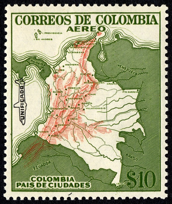 10p Map of Colombia stamp