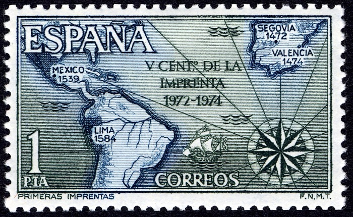 1p Spanish Map of Spain and the Americas stamp