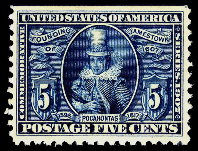 a blue 5-cent stamp with a drawing of Pocahontas in European clothing, notably a top hat and ruffled collar, in the center.