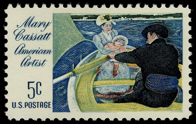 Sello postal de 5 centavos que muestra la pintura de Mary Cassatt, la fiesta de navegación