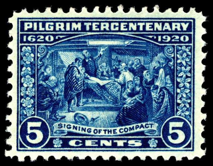 Timbre Tricentenaire pèlerin La Signature du pacte de 5 cents