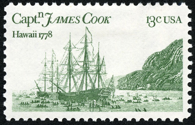 13 cent Captain James Cook stamp depicting Cook’s ships Discovery and Resolution in Kealakekua Bay, Hawaii