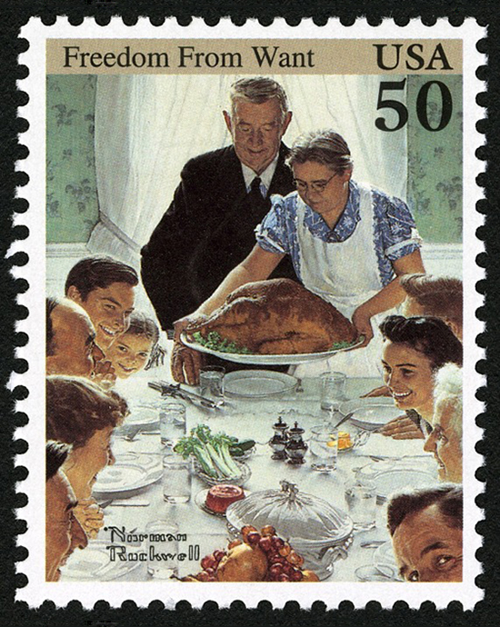 timbre de 50 cents avec la peinture À l'abri du besoin de Norman Rockwell mettant en vedette une famille assise autour d'une table prête à célébrer Action de grâces