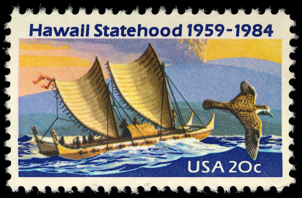 20 cent Hawai’i Statehood stamp with illustration of a Polynesian canoe and bird