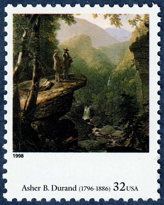 Timbre avec la peinture "Kindred Spirits" représentant deux personnes debout sur une formation rocheuse dans la forêt.